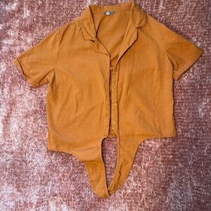 Charlotte Russe Mustard Yellow Short Sleeve Button-Up with Tie Front Detail